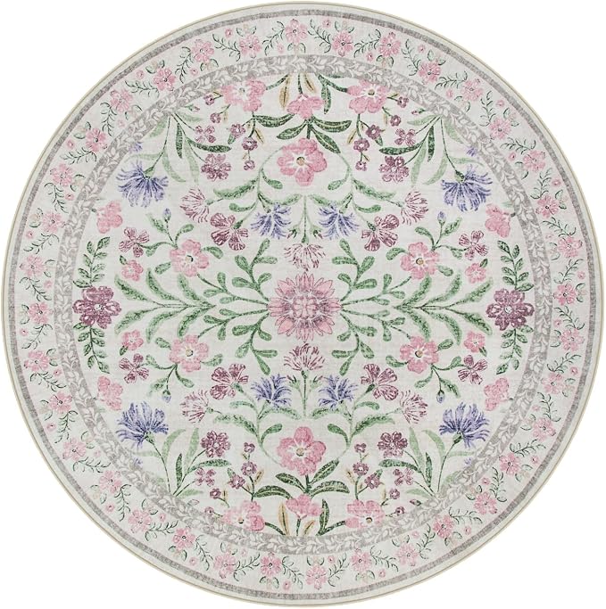 Wonnitar Floral Purple Round Area Rug 5ft, Soft Washable Kids Room Rug, Boho Ultra-Thin Non Slip Circle Carpet for Bedroom Girls Nursery Dorm Living Room Classroom, Light Purple/Pink