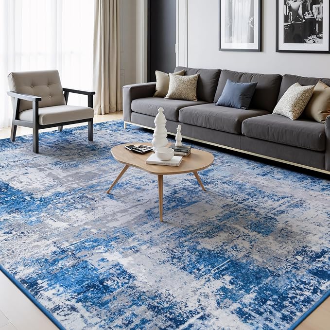Rugflix 5x7 Area Rugs for Living Room, Washable Large Rug Stain-Resistant Low Pile, Modern Dark Carpet for Dining Room Home Office Kid Room Nursery Bedroom, Blue Grey