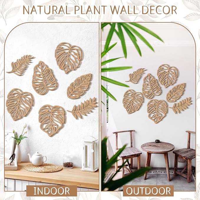 Namalu 7 Pcs Tropical Wall Decor Jungle Monstera Wall Art Boho Palm Leaf Wooden Decoration Tropical Nursery Decor Vintage Natural Monstera Leaf Plaque for Farmhouse Kitchen Bedroom Garden(Wood Color)