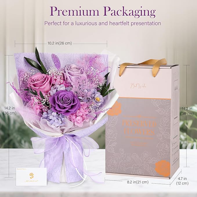Preserved Bouquet of Flowers - 3 Roses & Flowers for Delivery, Long-Lasting Real Lavender Forever Flowers, Mothers Day Gifts for Mom Grandma Wife, Anniversary Birthday Gifts for Women
