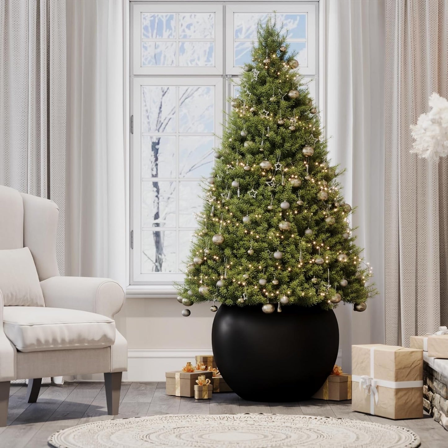 DTY Signature Mount Sherman Lightweight Durable Modern Fiberstone Sphere Planter for Indoor & Outdoor Drainage Hole & Rubber Plug Weather Resistant, 17" H x 21" Dia, 14.4" Opening - Large, White