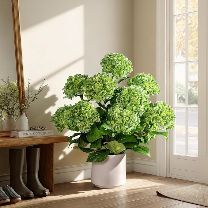 2 Pack Fake Flowers Trees UV Resistant Artificial Hydrangea Plants Indoor Outdoor Realistic Floor Plants Large Faux Plastic plantas in Pot for Home Porch Garden Office Porch Patio Front Bonsai Decor