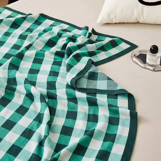 BOV Knit Checkered Throw Blanket - 100% Viscose Silky Super Soft Breathable Lightweight Summer Blanket for Chair Couch Sofa, Perfect Self Care Gifts for Women, Fern Green 50"x60"