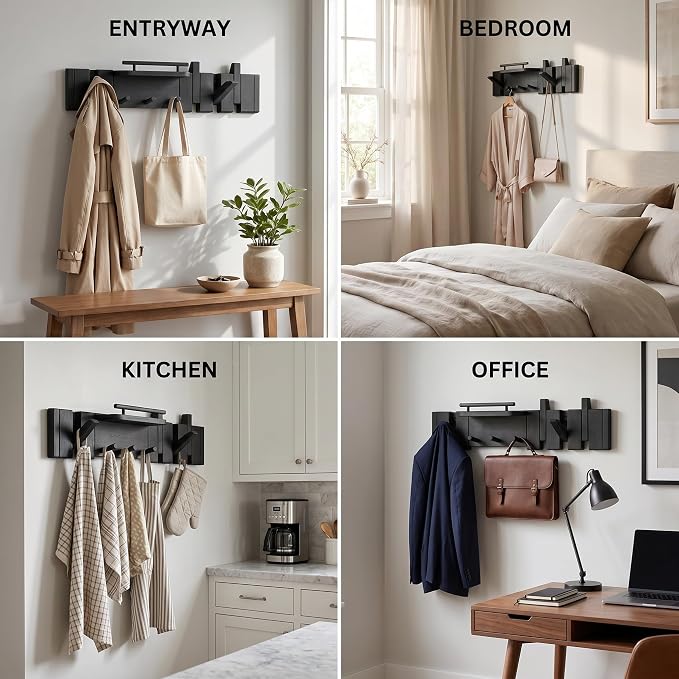 Mid Century Modern Walnut Foldable Entryway Wall Coat Hanger Hook with Shelf,Heavy Duty Wooden Piano Hidden Towel Hooks for Bathroom,Wall Rack for Purse&Key&Mail,Home Decor (Black, 7 Hooks)