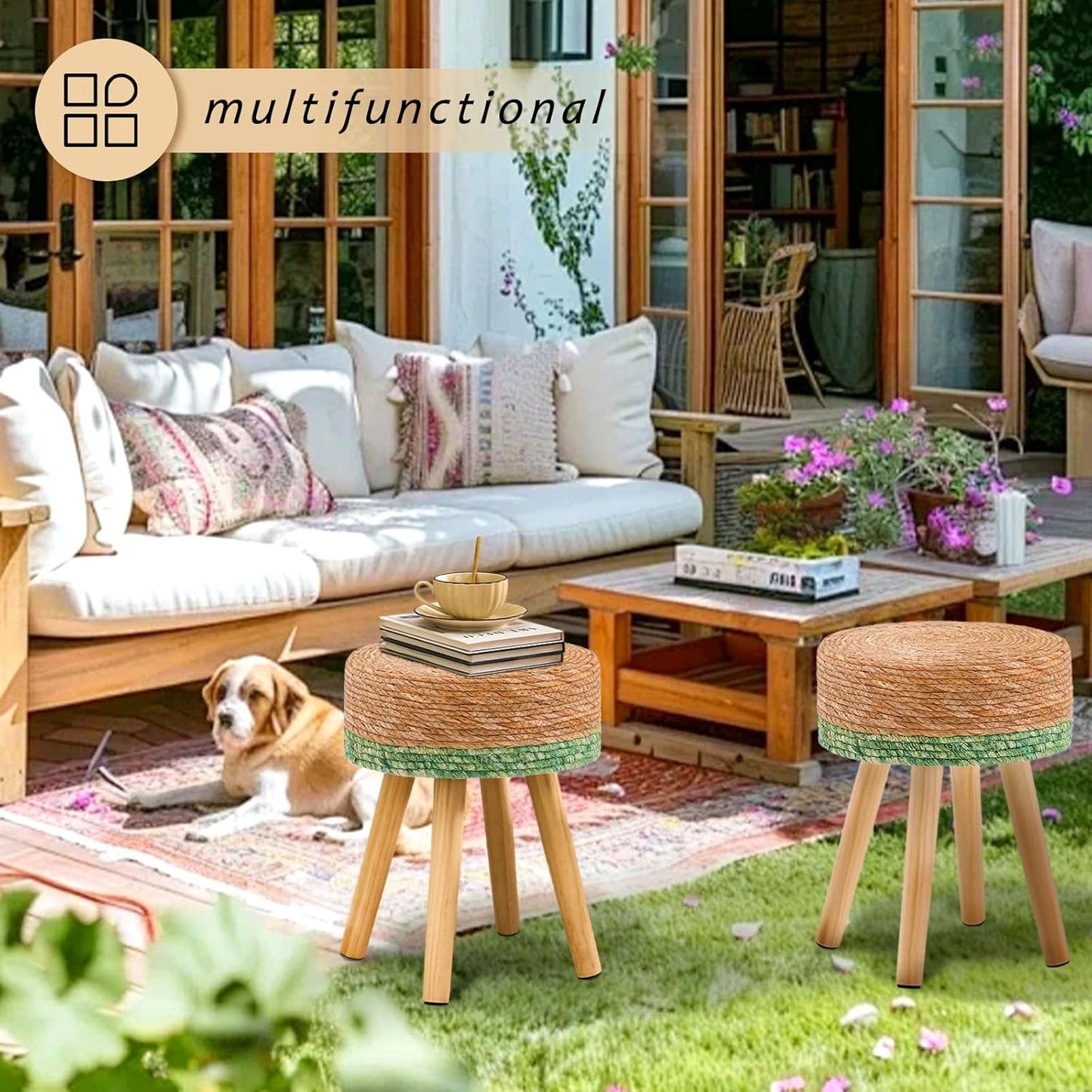 Handwoven Outdoor Ottoman, Water Hyacinth Pouf Round Patio Footstool with Wood Legs, 17-Inch Multipurpose Vanity Stool, Dining Chair, Patio Footrest for Balcony and Garden, Green