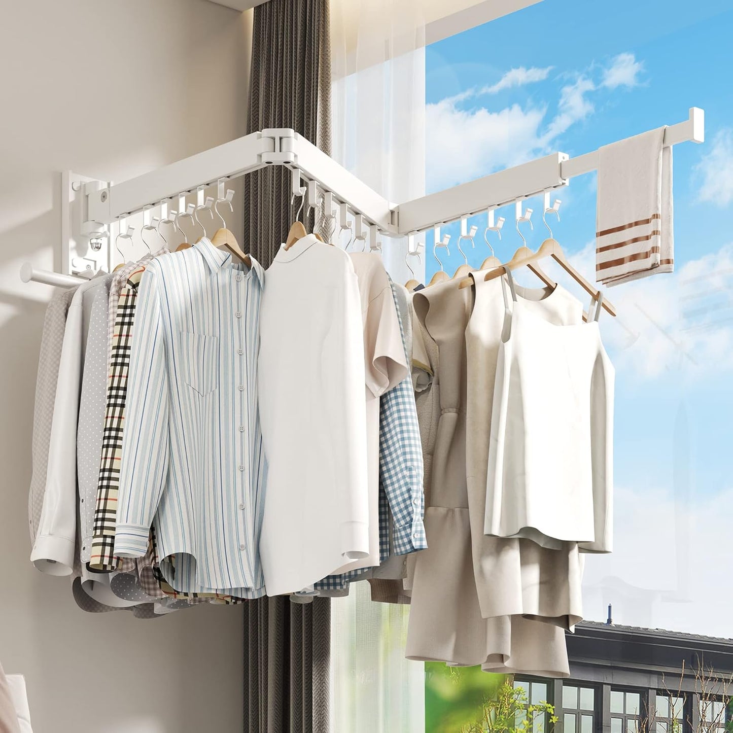 Wall Mounted Clothes Hanger Rack, Clothes Drying Rack,Laundry Drying Rack,Collapsible Clothes Rack Wall Mount, Retractable Drying Rack Clothing,can Fold Upward & Left & Right,White Color