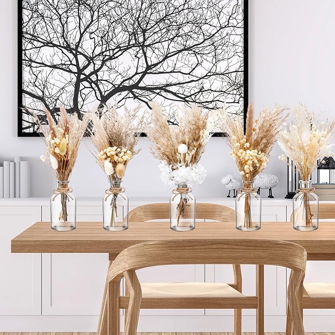 Nuanchu 10 Set Dried Pampas Grass Centerpiece for Wedding 10 Small Glass Vases 10 Dried Pampas Grass Bouquet with Rope for Baby Shower Rustic Bridal Party Farmhouse Decoration(5 Style)