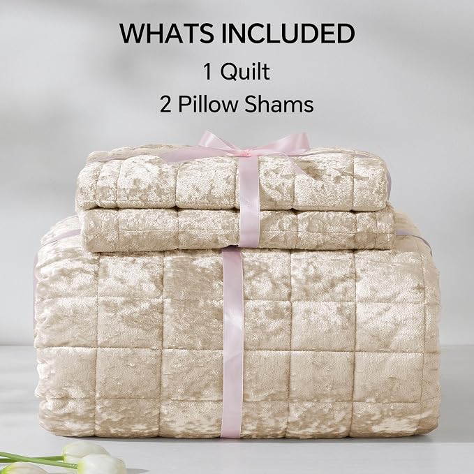 BEDELITE Velvet Quilt Set King Size - Luxury Soft Velvet Comforter Bedding Set for All Season, Lightweight Quilted Box Stitch Oversized Bedspread Coverlet with 2 Matching Shams, Shiny Urban Taupe