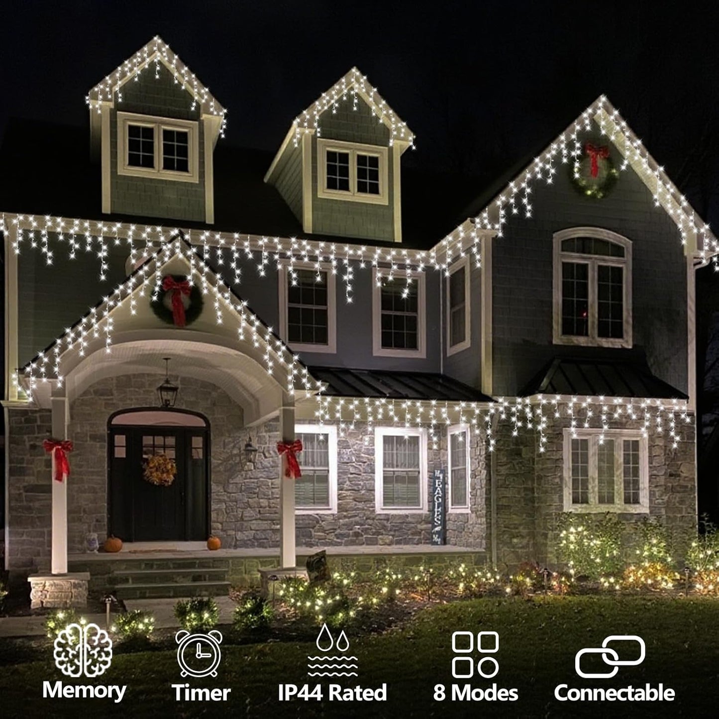 QITONG White Icicle Lights for Outside, 33ft 400 LED Christmas Lights Plug in, Connectable Clear Wire String Lights Indoor with 8 Modes