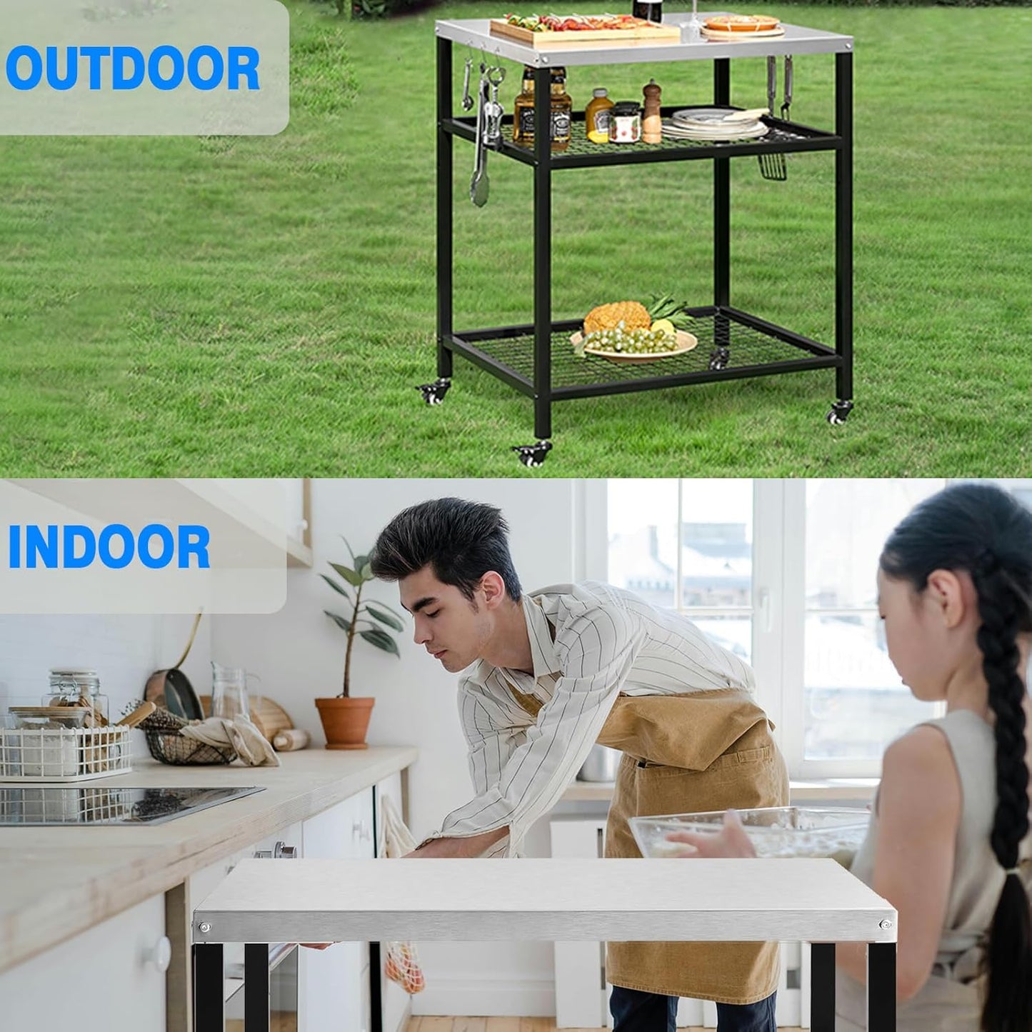 Stainless Steel Grill Cart with Cover Pizza Oven Stand with Water-Proof Cover Trolley Table with Wheels Three-Shelf Movable Food Prep and Work Cart Table Heavy Duty Grill Cart Outdoor 31.5"×24"×35.5"