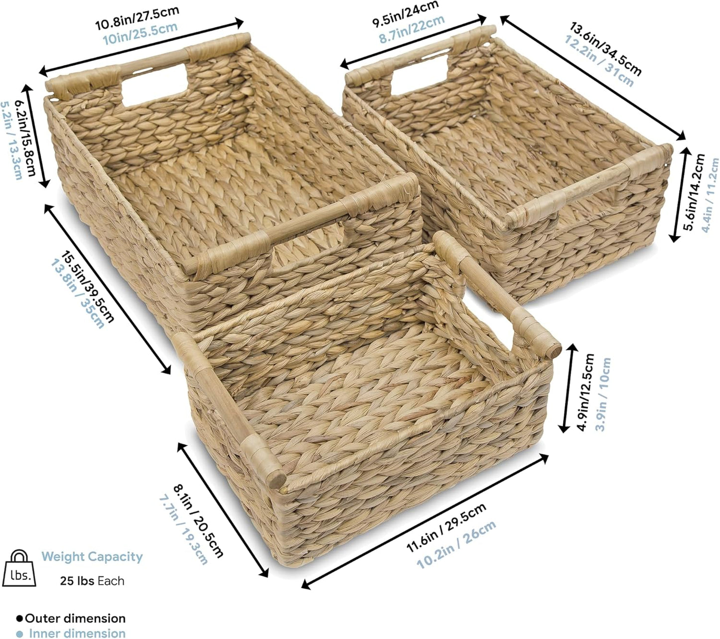 VATIMA Hyacinth Wicker Basket Set 3 size - Rectangular, Wooden Handles, Shelf Organizer, Natural Bins