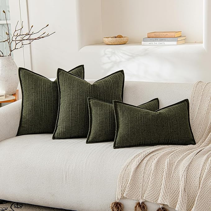 a moment Linen Pillow Covers Set of 2,Boho Farmhouse Throw Pillowcases Neutral Textured Decorative Covers for Couch Sofa,Linen Blend Accent Case Cushion Living Room Home Decor 18"x18"Dark Green