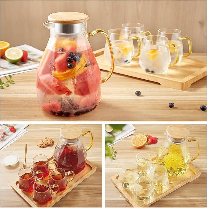 DUJUST Glass Pitcher Set (68 oz) with 4 Cups & 1 Tray, Elegant Diamond Design Water Pitcher with Handle, High Durability Glass Jug for Fridge, Glass Carafe for Iced Tea/Juice/Beverage/Coffee/Drinks