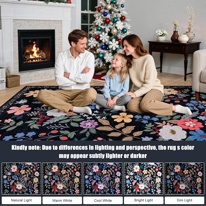 Area Rug Living Room Rugs: Floral 3x5 Washable Rug Vintage Soft Boho Non-Slip Carpet Indoor Floor Stain Resistant Large Carpets for Bedroom Dining Room Farmhouse Nursery Hallway Black