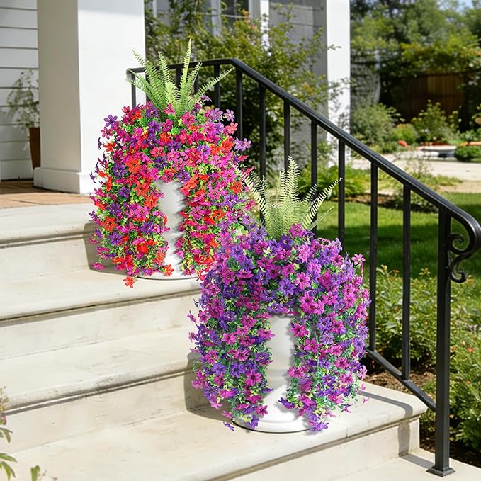 Artificial Fake Flowers Plants for Outdoor Decoration,3 Pcs Faux Hanging Flowers with Boston Ferns Spring Summer Decor,UV Resistant Realistic Fake Silk Flowers for Planter Balcony Yard Porch Garden