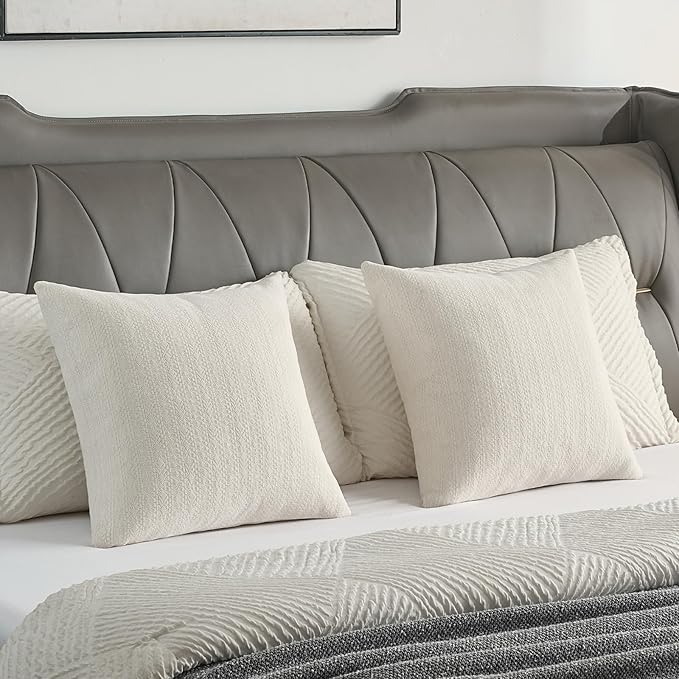 FUTEI Cream Chenille Throw Pillow Covers 22x22 Inch Set of 2,Soft Striped & Diamond Textured Cushion Cases,Modern Home Decor for Couch Living Room