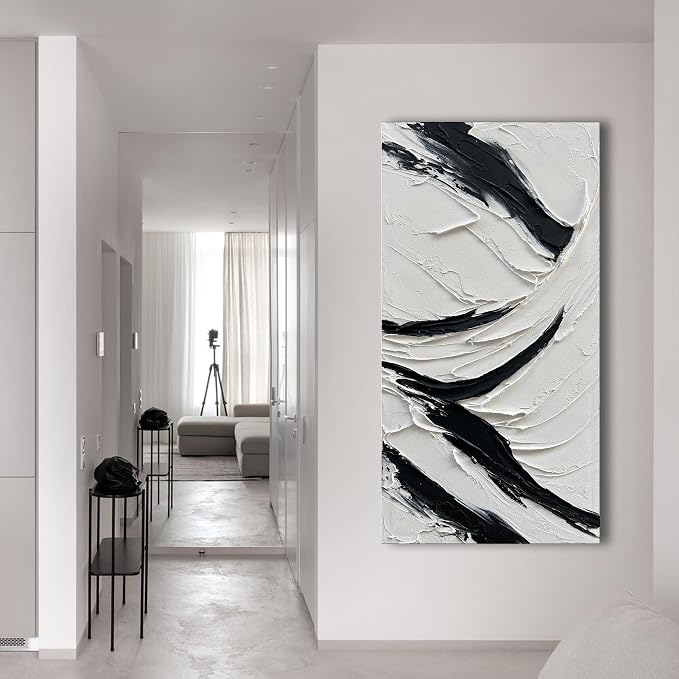 NANKAI Art Hand Painted Oil on Canvas in Black and White 48x24 inches Modern Abstract Minimalist Oil Painting Home Wall Decorative Art