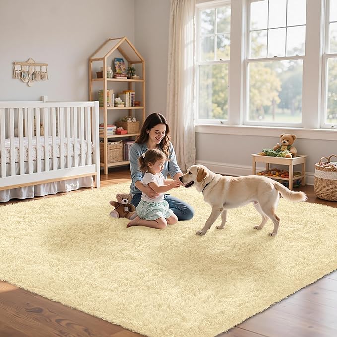 8x10 Area Rug for Living Room:Ultra Soft Fluffy Shag Cream White Rugs,Large Fuzzy Plush Indoor Non Slip Carpet Washable Rug for Bedroom Kids Nursery Office Dorm Modern Decor(Cream White 8'x10')