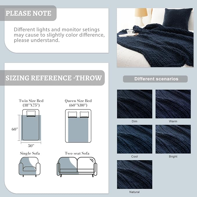 Battilo Navy Chunky Knit Throw Blanket, Soft and Thick Navy Blue Chenille Throw Blanket, 50"x60" Handmade Cable Knit Crochet Blanket, Rope Knot Knitted Throw Blankets for Couch Home Decor, Navy