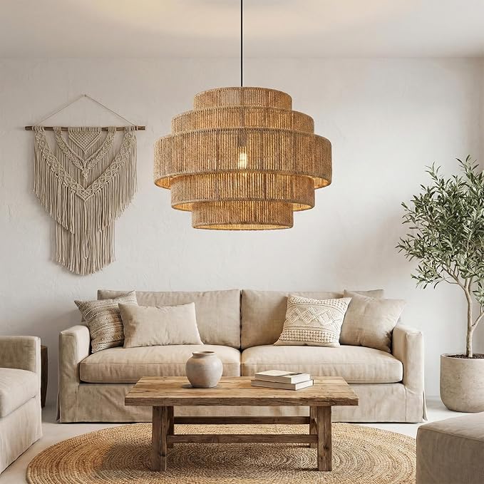 5-Tier Boho Rattan Chandelier Light Fixture, 13” Hand Woven Hemp Rope Pendant Light, Large Farmhouse Hanging Lamp for Dining Room, Kitchen Island, Bedroom, Living Room, Entryway, Foyer, Coastal Decor