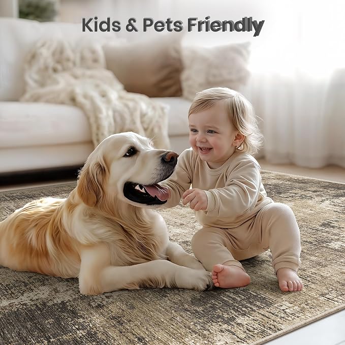Valenrug Washable Rugs 6x9 - Ultra Thin Stain Resistant 6x9 Rugs for Living Room, Non Slip Backing 0.25" Low Pile Abstract Rugs for Bedroom, Folable Machine Washable Area Rug(6'x9', Taupe)