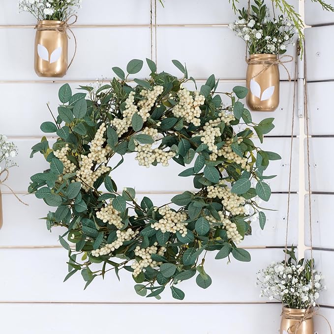 YNYLCHMX 18" Spring Summer Wreaths for Front Door, Artificial Floral Wreath with White Berries and Eucalyptus Leaves, Green Foliage Wreath for Wall Window Farmhouse Party Holiday Home Decor