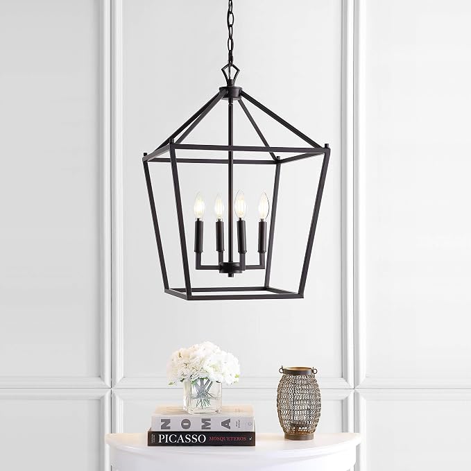 JONATHAN Y 16" Oil Rubbed Bronze Lantern Pendant Light, 4-Light Pagoda Style Metal Cage Farmhouse Hanging Ceiling Fixture for Kitchen Island, LED Bulb Included (JYL7437A)