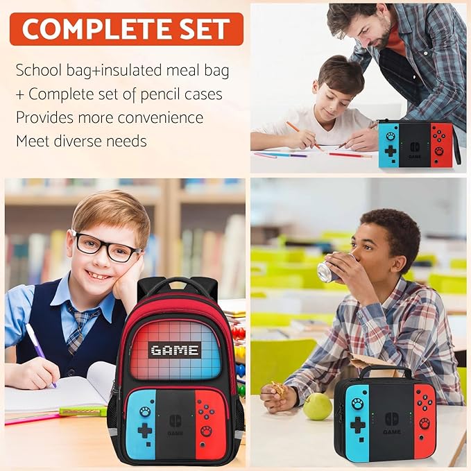 TILYTADLY School Backpack for Boys - 3pcs Gamer Boys Backpack with Lunch Box and Pencil Case for Kids Children Teens Elementary Middle School - HFHTDC Video Game Bookbag 17″ Large Capacity