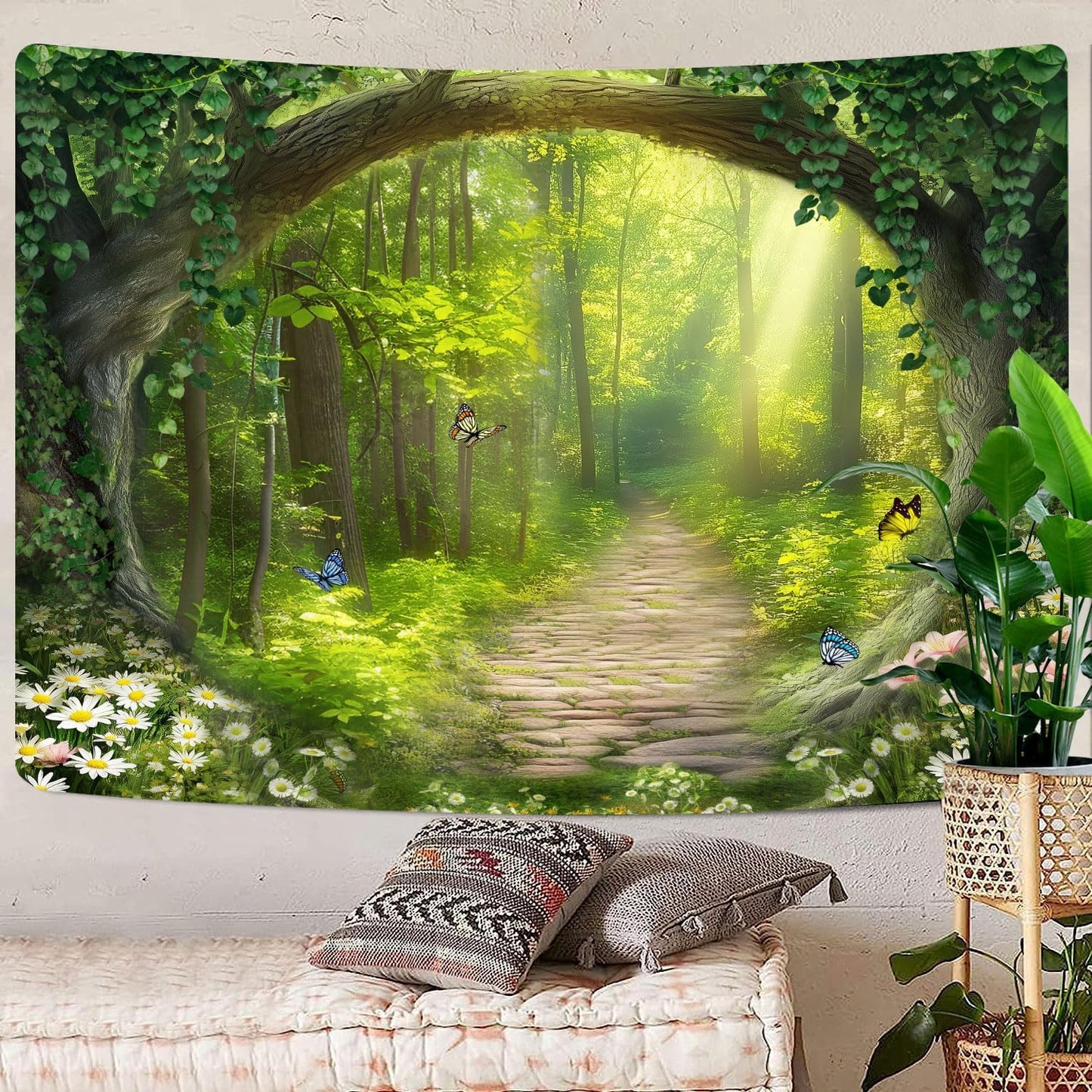 Nature Enchanted Forest Tapestry, Fantasy Green Jungle Woodland Lanscape Tapestries Wall Hanging, Psychedelic Fairy Tree Cave Forest Tapestry for Bedroom Backdrop Office, 60X40