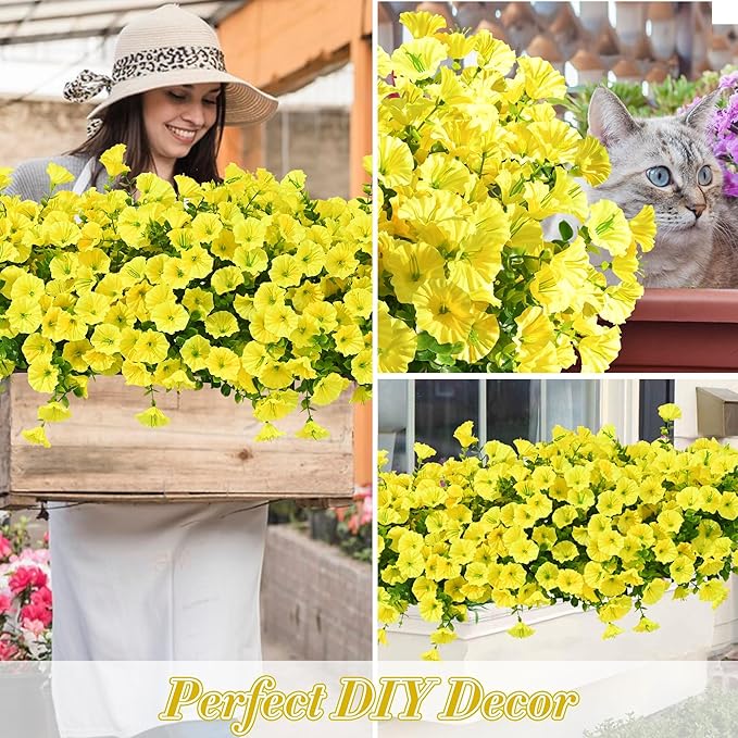 Waipfaru 24 Bundles Artificial Flowers for Outdoors Faux Plants Outdoor, UV Resistant Artificial Plants, Silk Petunias Fake Flowers for Outside Home Decor Planter Porch Decoration, Yellow