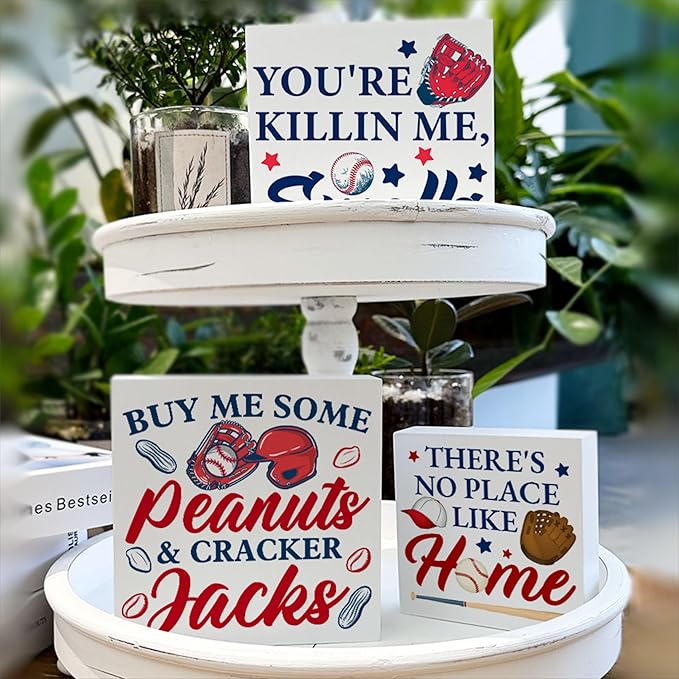 3 Pcs Baseball Decor for Home Rustic Baseball Decoration for Tiered Tray Decorative Wood Box Decor Signs for Table Desk Shelf