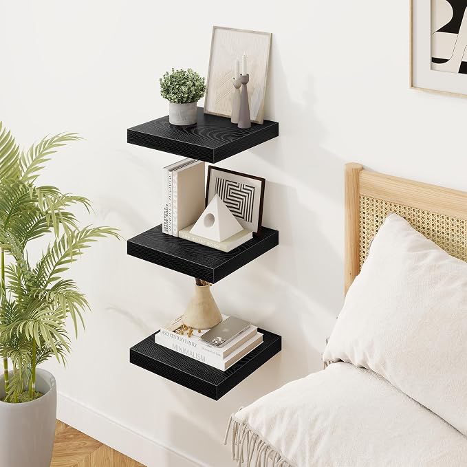 Square Floating Shelves for Wall, 10"W x 10"D x 1.25"H, 3 Packs Small Wall Mounted Engineered Wood Shelves with Invisible Brackets for Living Room, Bedroom, Bathroom, Kitchen Decor, Black