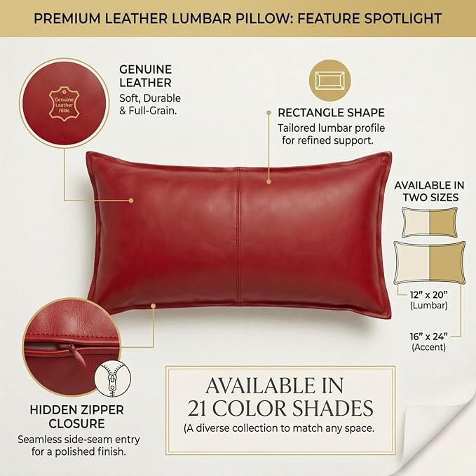 Genuine Leather Pillow Cover Case for Lumbar Throw Couch Pillows - Modern Farmhouse Decorative Sofa Thick & Soft Cushion Covers (Red, 12" x 20")