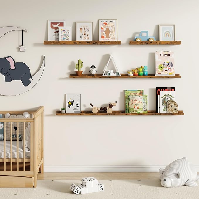 Fun Memories Picture Ledge Shelf, 48 Inch Floating Shelves Set of 2, Large Nursery Book Shelves for Storage, Bookshelf Wall Mounted for Wall Decor Books Photo Frames, Rustic Brown