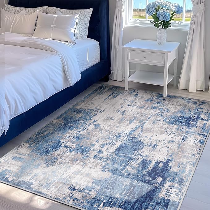 RELEANY Washable Area Rugs 4'x5' Non-Slip Modern Abstract Soft for Living Room Entryway Bedroom Nursery, Print Pattern, Blue Grey Navy Gray