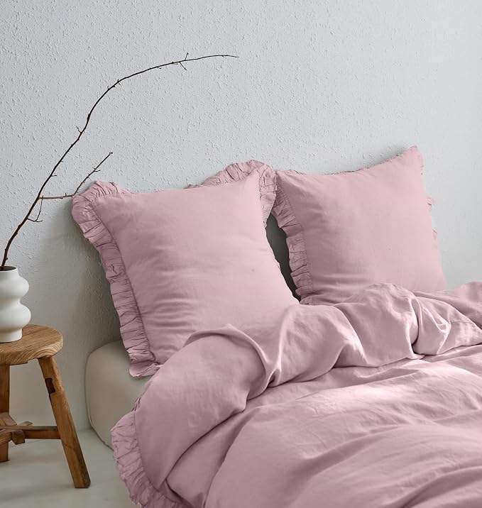Simple&Opulence 100% Linen Euro Sham Covers with Ruffle, 26x26 Inch Pillow Covers Set of 2, Euro Pillow Shams for Bed Couch French Home Decor Luxury and Breathable Square Pillow Cases, Blush Pink