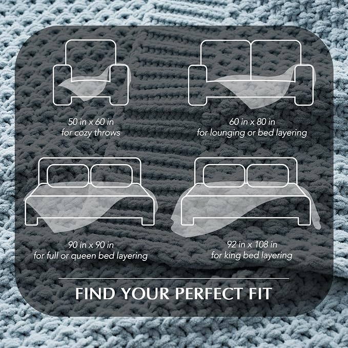 EVERGRACEHOME Chunky Polyester Knit Throw Blanket for Couch, Soft Luxurious Oversized King Moss Stitch Blanket for Bed, Large Cozy Farmhouse Knitted Throw for Sofa, Chambray Blue, 108" x 92"