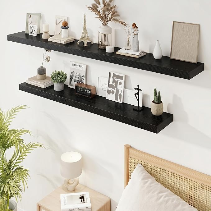 Marsmiles 55in Floating Shelves for Wall, 72" W x 9.25" D x 1.5" H, Long Wall Mounted Engineered Wood Shelves with Invisible Brackets for Living Room, Bedroom, Bathroom, Kitchen, Black, 2Pcs