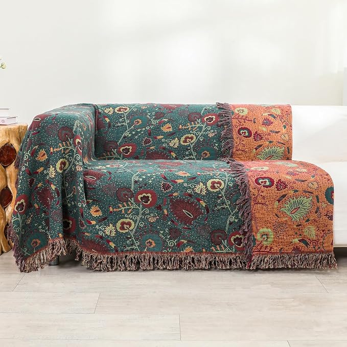 Boho Throw Blanket,Deep Green Floral Fringed Muslin Blanket for Couch,Sofa, Living Room, Bedroom – Lightweight Cotton Tassel Blanket for Summer,Cozy Home Decor,Gifts for Father,50"x60"