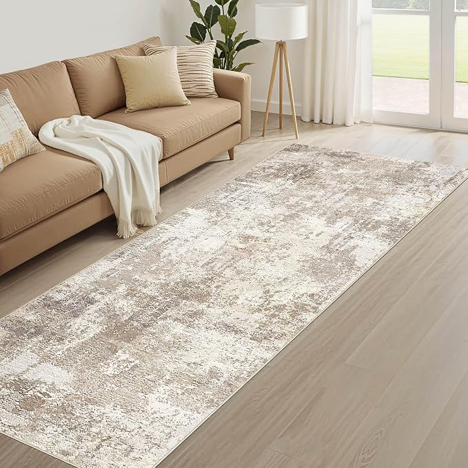 Runner Rug Kitchen Washable Rugs: 2x5 Non-Slip Abstract Soft Modern Stain Resistant Indoor Floor Neutral Accent Throw Carpet for Hallway Bathroom Laundry Room Entryway Bedroom- Beige Brown