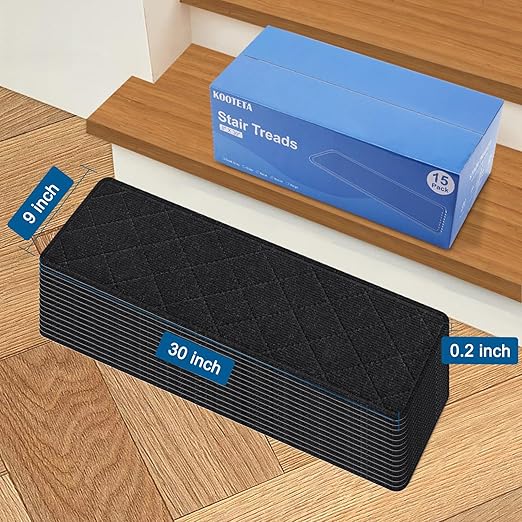 Stair Treads for Wooden Steps, 15 Pack 9" X 30" Non Slip Carpet Stair Treads Indoor with Reusable Adhesive for Kids Elders and Dogs, Surface Polyester TPR Backing Stair Runner Rugs, Black