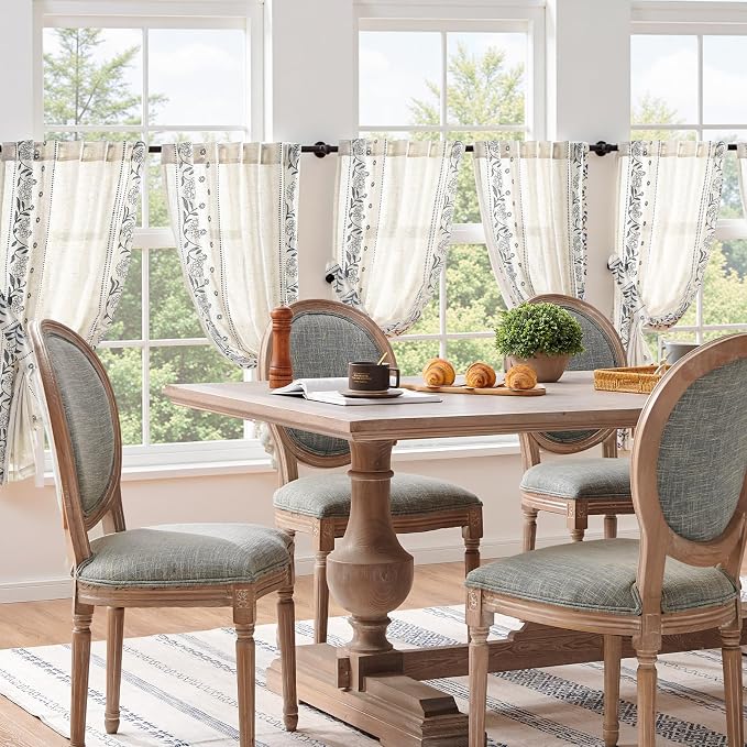 jinchan Winslow Linen Curtains 45 Inch Length Small Window Curtains Embroidered Bordered Floral Drapes Light Filtering for Bathroom Laundry Room Kitchen Farmhouse Decor Blue on Beige 2 Panels