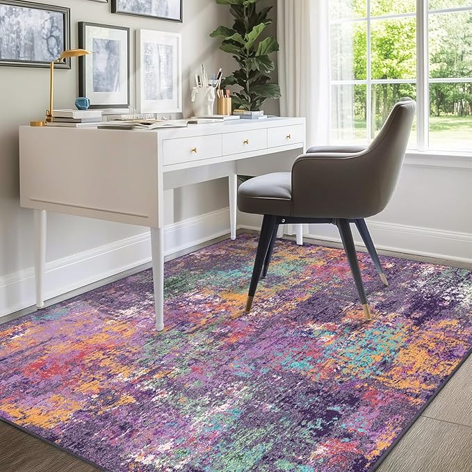 RELEANY Washable Area Rugs 8'x10' Non-Slip Modern Abstract Soft for Living Room Entryway Bedroom Nursery, Print Pattern, Purple Orange Blue Green Rust Red Colorful