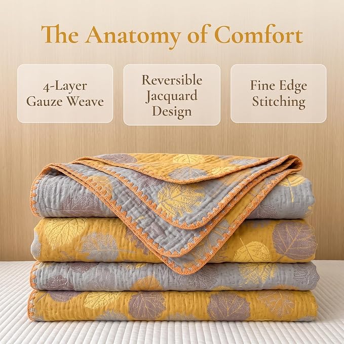 NIDITW Checkerboard Cotton Muslin Throw Blanket for Couch 6-Layer Checkered Gauze Blanket Soft Breathable All Season for Couch Bed Sofa (Yellow Leaves, Full)