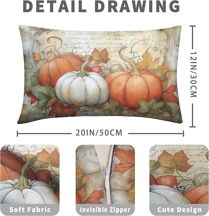 Fall Outdoor Lumbar Pillow Covers 12x20 Watercolor White Orange Pumpkin with Maple Leaves Rectangle Pillow Case Set of 2 Autumn Waist Cushion Case for Couch Patio Bench