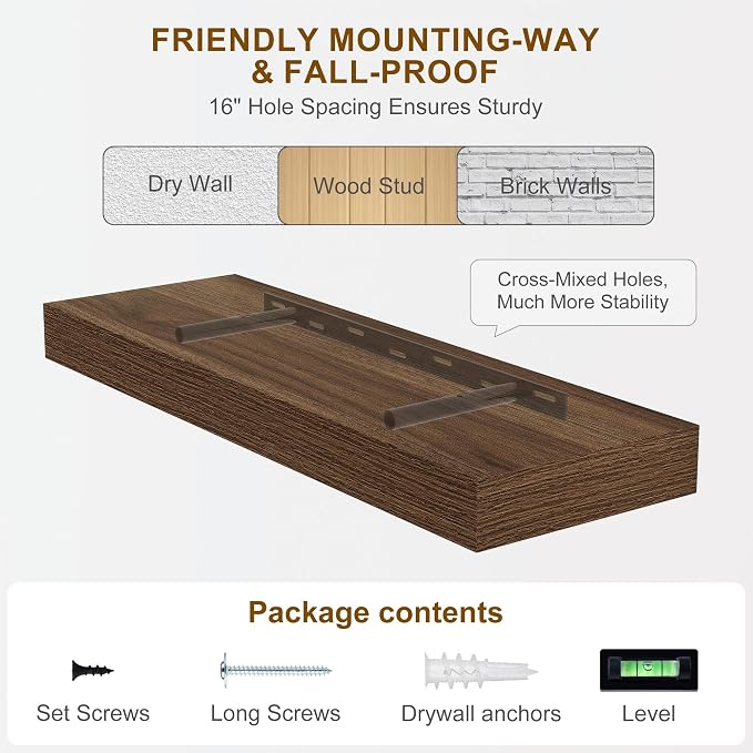Fun Memories Floating Shelves for Wall, 40Inch Floating Shelves Set of 2, Hanging Shelf with Invisible Brackets, Wood Shelves for Living Room, Bedroom, Kitchen, Walnut