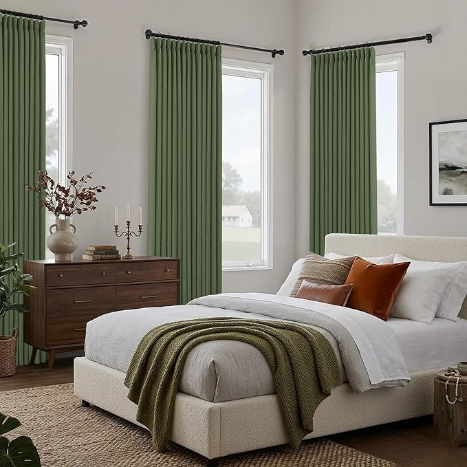 Pinch Pleated Linen Curtains 102 Inch, 2 Panels Premium 400GSM Memory Trained Semi Sheer Light Filtering Window Drapes for Living Room Bedroom Dining, Back Tab & Adjustable Hooks Rings, Olive Green