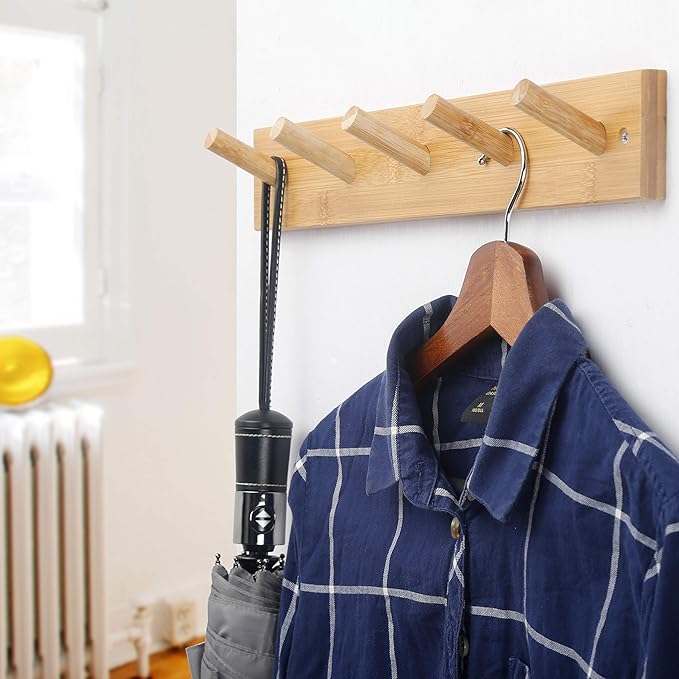 WEBI Coat Rack Wall Mounted,16" Hole to Hole,Coat Hanger Wall Mount with 5 Coat Hooks for Hanging,Hook Rack Peg Rail for Hats,Jacket,Clothes,Towels,Black