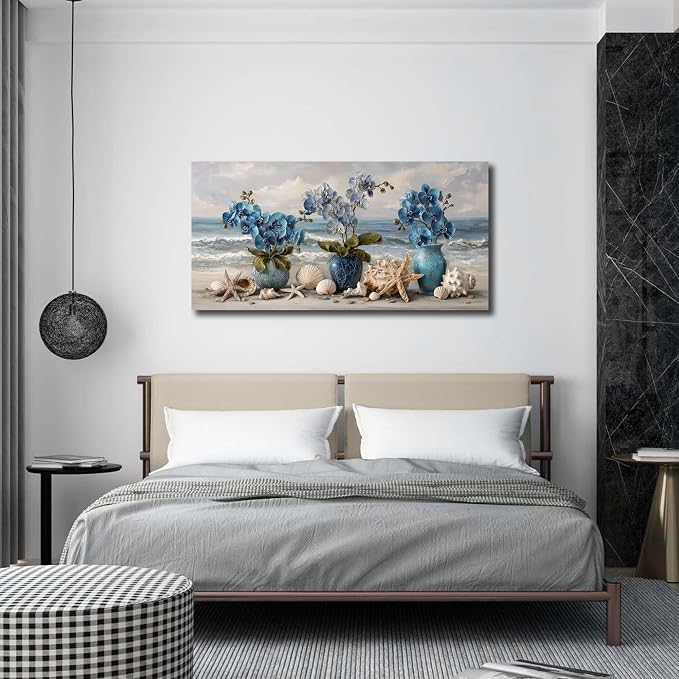AOZEMI Large Beach Wall Art Blue Wall Decor Floral Canvas Art Coastal Seascape Ocean Pictures Flower Vase Poster Starfish Conch Shell Print Art for Bedroom Bathroom Living Room Office 24"x 48"