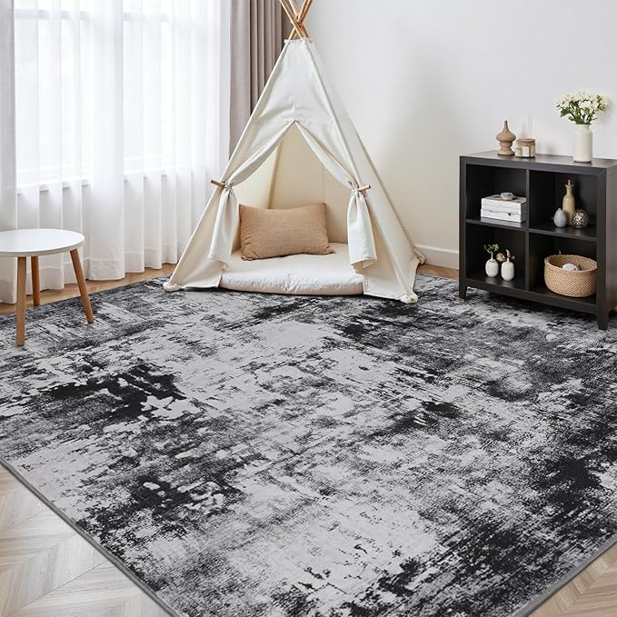 Rugflix 10x12 Area Rugs for Living Room, Black Grey Large Rug Stain-Resistant Low Pile, Big Washable Dark Carpet Non-Slip for Bedroom Dining Room Home Office Nursery Room